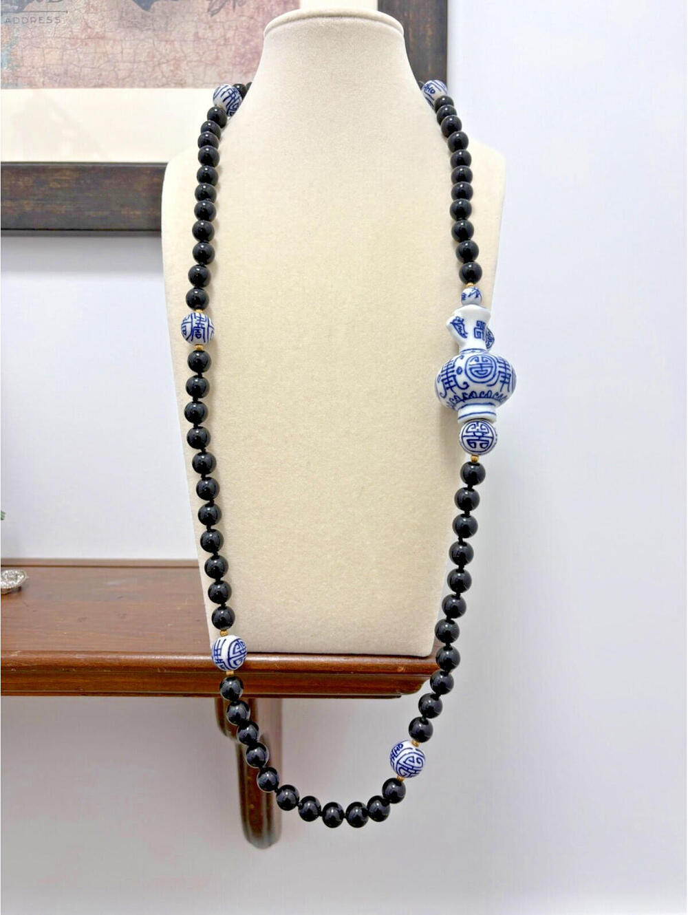 Vintage Chinoiserie Blue & White and Black Porcelain Bead Necklace Hand Knotted